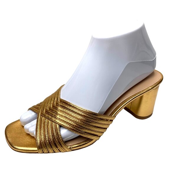 Via Spiga‎ Rafaela Gold Leather Block Heel Slide Sandals  NWOB - Picture 2 of 11